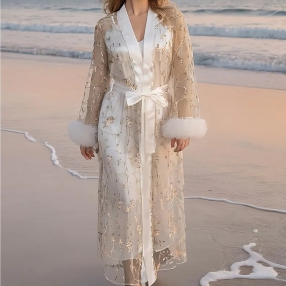 Peignoir Set ~Ivory Satin Slip‎ Nightgown & Sheer Embroidered Roses Belted Robe - Picture 3 of 14